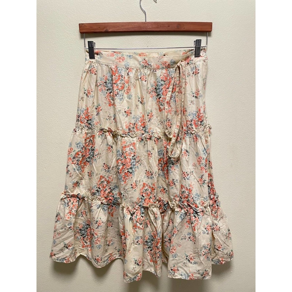 Vintage Unbranded Womens Midi Skirt Size 9 Ivory Floral Tiered Cottagecore Boho